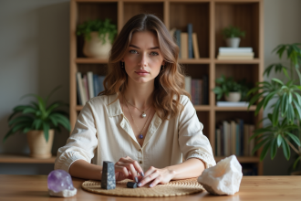 Jeune femme arrangeant des cristaux dans un cadre paisible