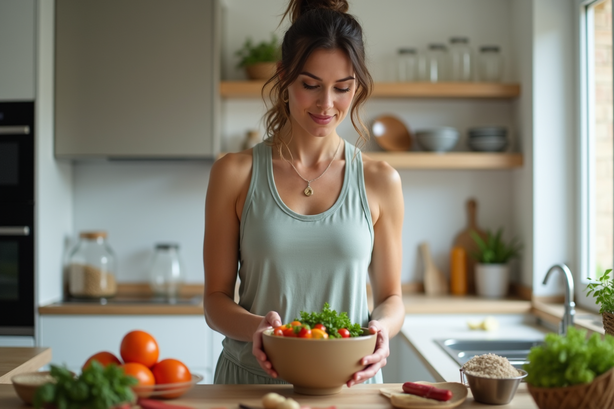 Femme en cuisine préparant des légumes frais