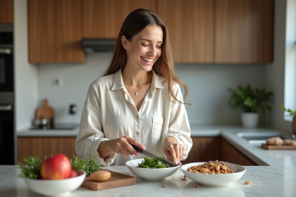 Femme souriante préparant un bol de fruits frais dans la cuisine