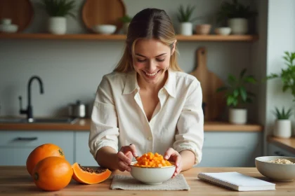 Femme arrangeant la papaye sur un pudding chia dans une cuisine