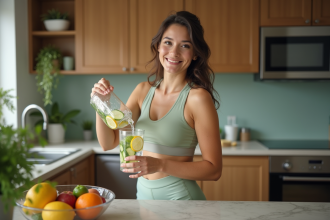 Femme versant une eau detox citron et concombre