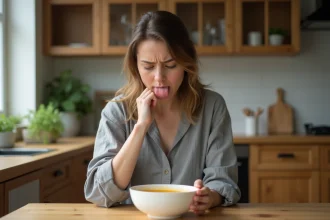 Femme souffrant d'une brûlure au palais après avoir mangé une soupe chaude, assise à une table de cuisine
