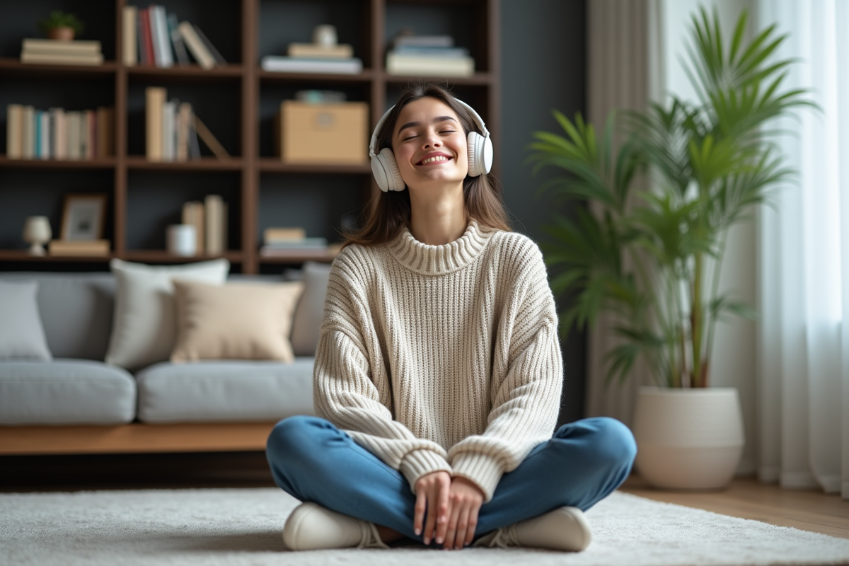 Jeune femme écoute de la musique chez elle avec casque