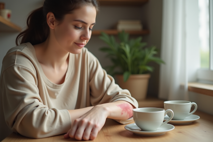 Femme examinant une éruption cutanée sur le bras