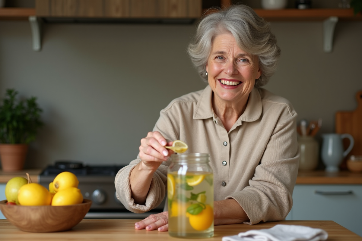 Femme âgée souriante prépare une boisson détox maison dans la cuisine