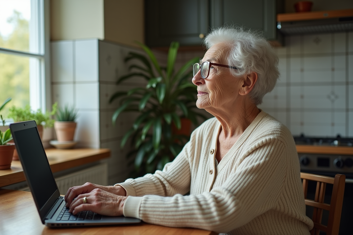 Femme âgée lisant à la table de cuisine avec lunettes