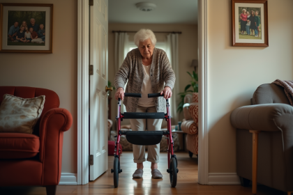 Femme &acirc;g&eacute;e utilisant un rollator dans un salon chaleureux
