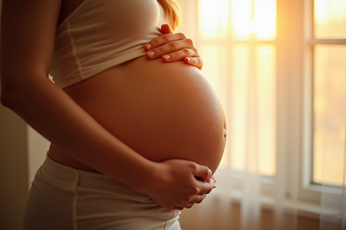 Femme enceinte reposant ses mains sur son ventre dans une ambiance chaleureuse