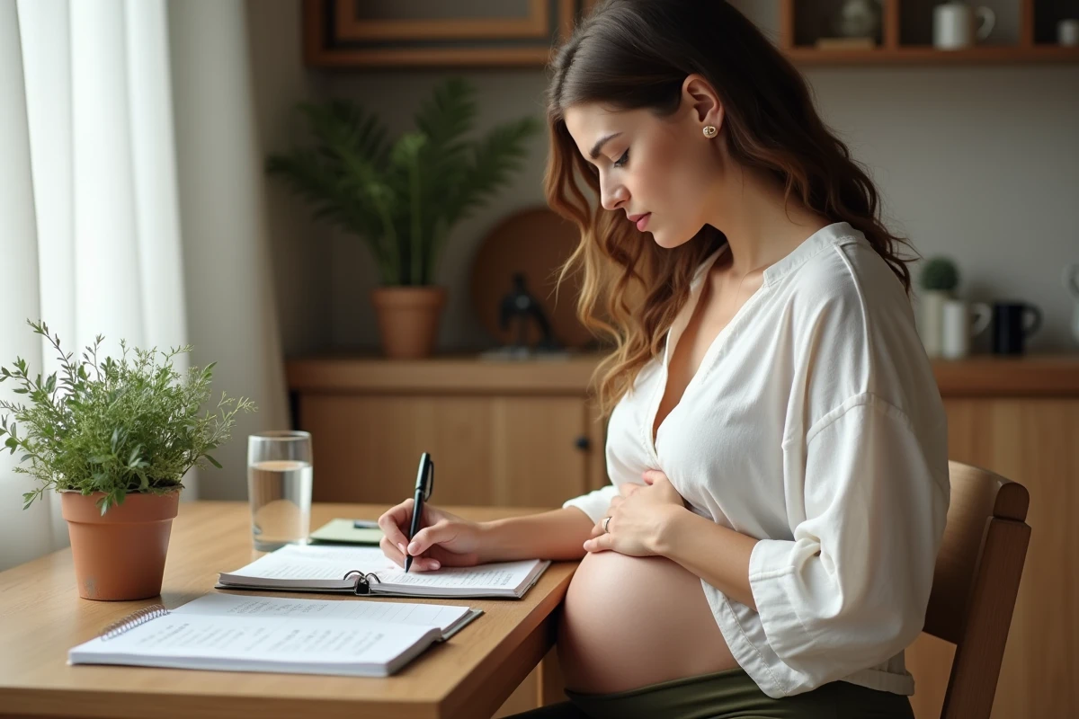 Femme enceinte notant ses rendez-vous médicaux et sa date de terme dans un carnet de grossesse à la maison
