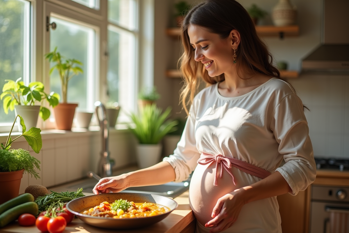 Femme enceinte préparant un curry dans une cuisine lumineuse