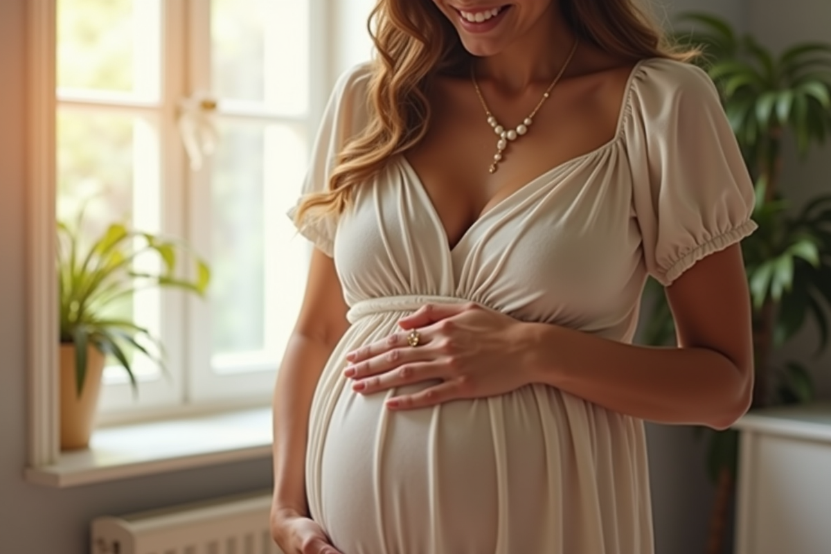 Femme enceinte dans la maison caressant son ventre avec douceur