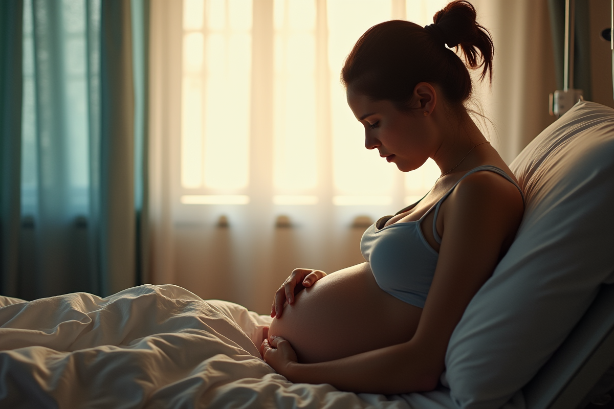 Femme enceinte assise sur un lit d'hôpital regardant pensivement