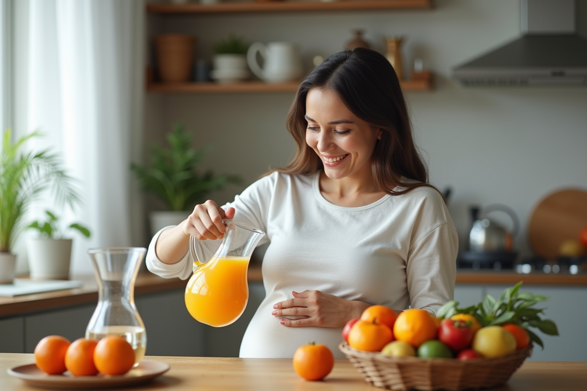 Femme enceinte souriante verse du jus d orange dans la cuisine