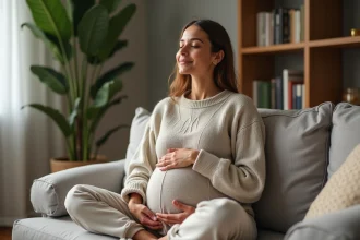 Femme enceinte méditant dans un salon calme et chaleureux