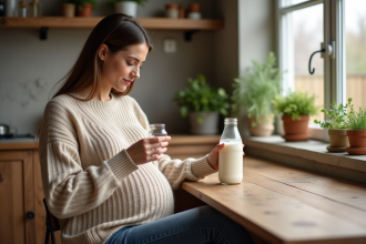 Femme enceinte dans une cuisine chaleureuse avec lait cru