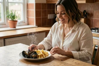 Femme enceinte dégustant un repas de moules frites à la maison, assiette appétissante sur table en bois