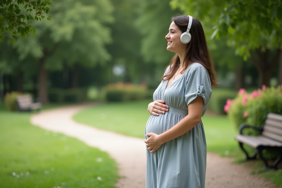 Femme enceinte se promenant dans un parc verdoyant