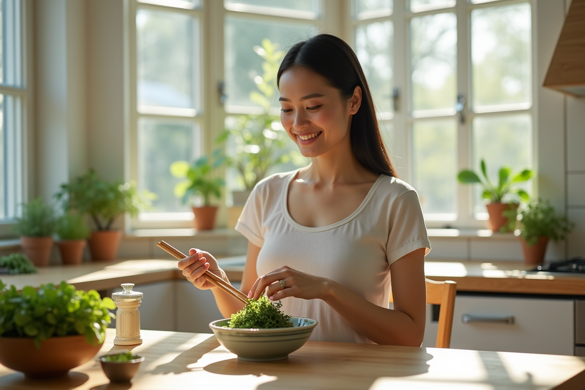 Femme enceinte mange une salade de seaweed dans la cuisine
