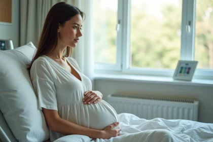 Femme enceinte assise dans une salle d'h&ocirc;pital calme