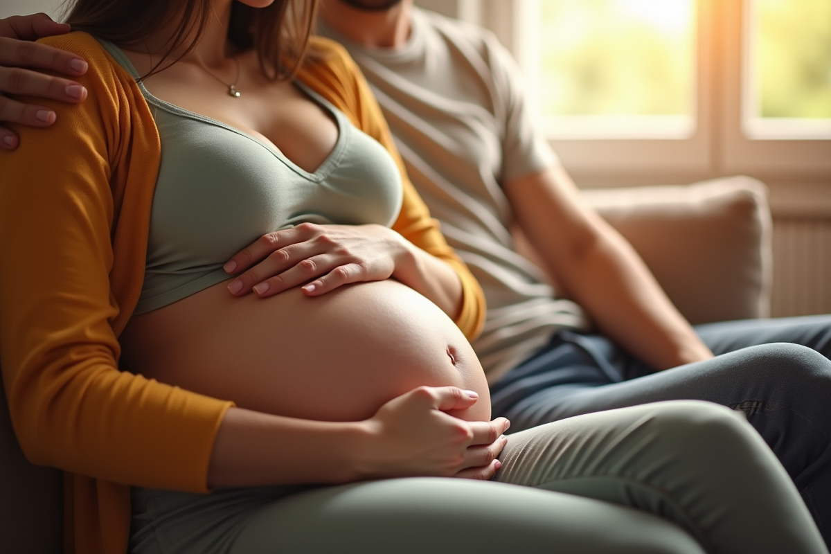 Femme enceinte assise avec son partenaire dans un salon lumineux