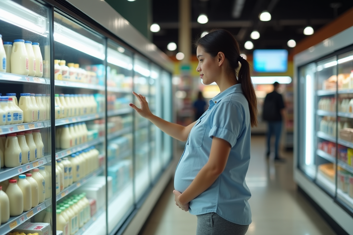 Jeune femme enceinte dans un supermarché hésitant devant lait cru