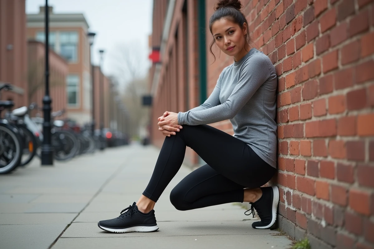 Femme sportive effectuant des étirements du mollet contre un mur en briques pour prévenir et soulager la douleur liée à l'éperon calcanéen