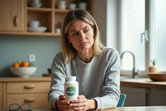 Femme d'une quarantaine d'années examinant une bouteille de complément alimentaire Nourix avec un regard critique dans sa cuisine