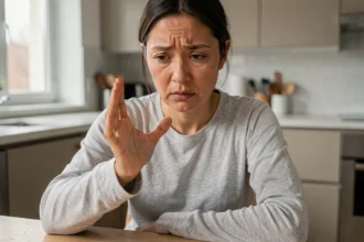 Femme examinant une tache noire sous son ongle à la maison, expression préoccupée