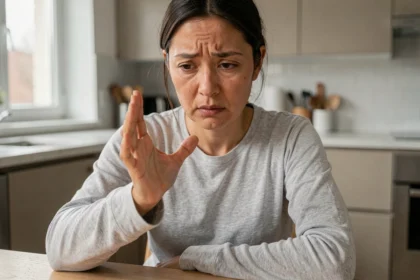 Femme examinant une tache noire sous son ongle à la maison, expression préoccupée