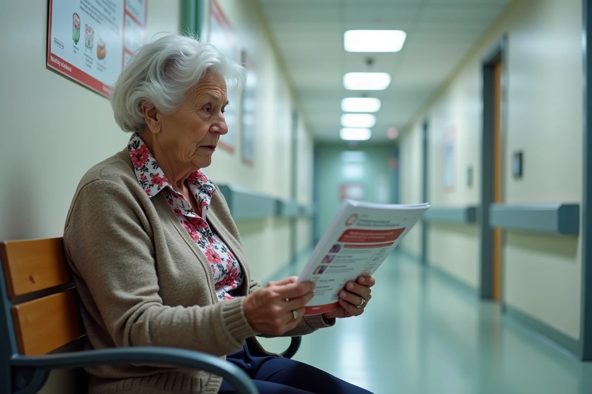 Femme âgée lisant brochure santé dans un couloir médical