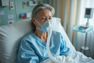 Femme hospitalisee portant masque oxygene dans sa chambre