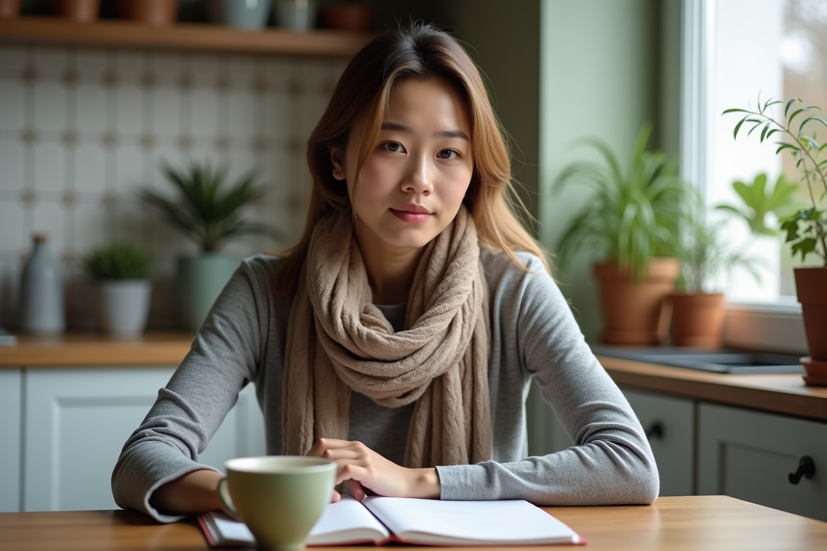 Jeune femme assise à la cuisine avec tasse et carnet