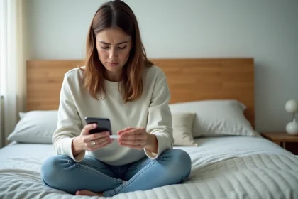 Femme inqui&egrave;te tenant un test de grossesse dans une chambre moderne