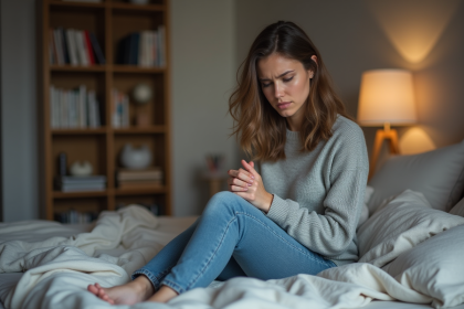 Femme pensant dans une chambre moderne et cozy