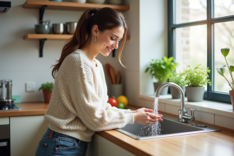 Jeune femme lavant ses mains dans une cuisine lumineuse