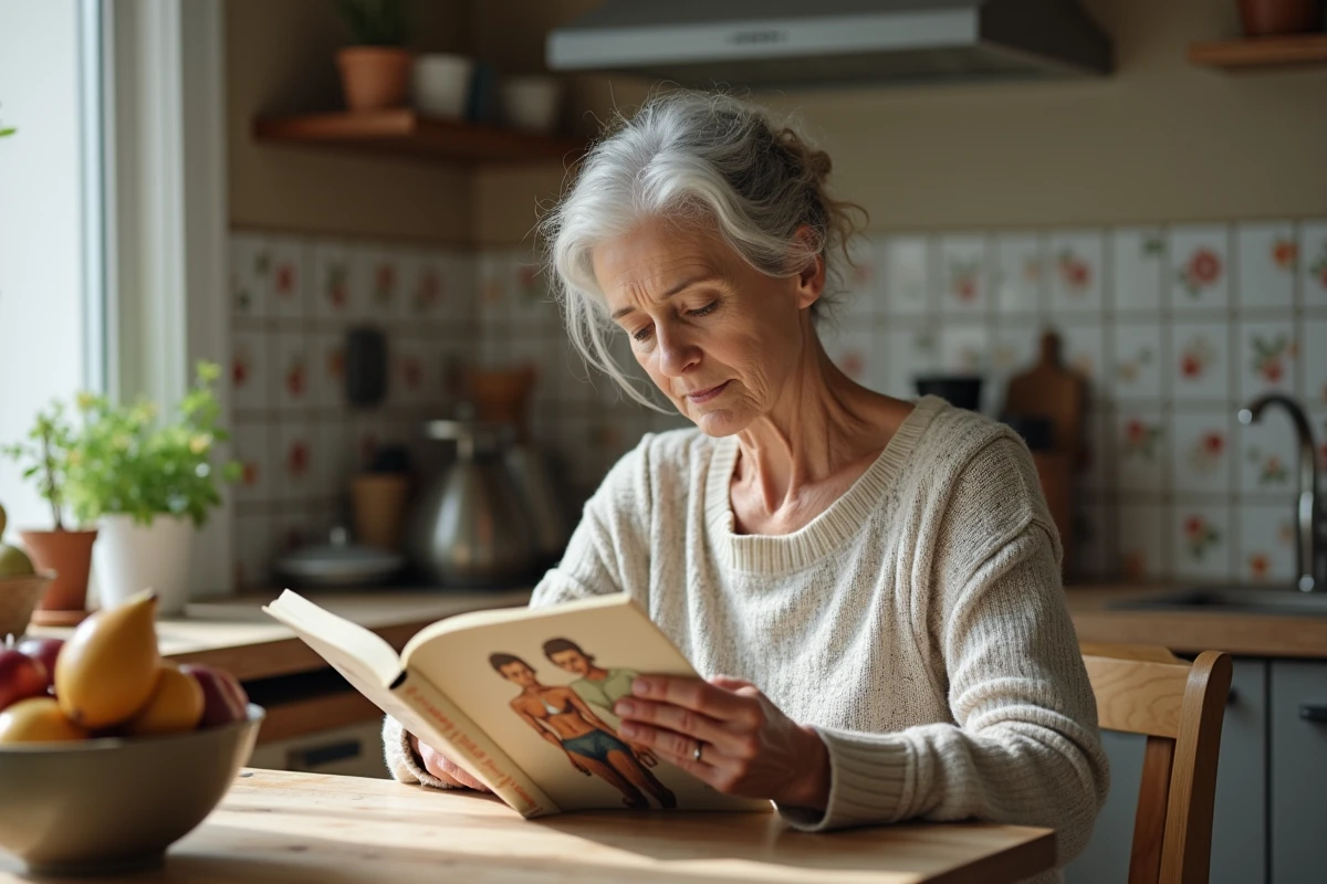 Femme lisant un livre d anatomie dans sa cuisine chaleureuse