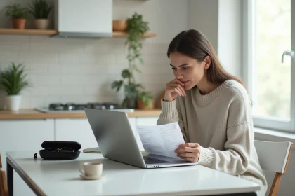 Femme compare &eacute;cran et prescription de lunettes &agrave; la maison