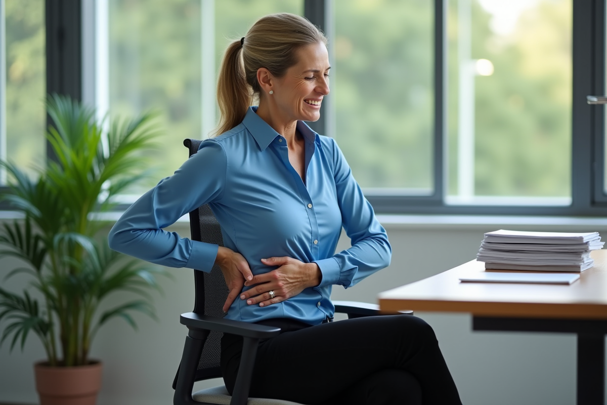 Femme d'environ 40 ans se massant le dos au bureau