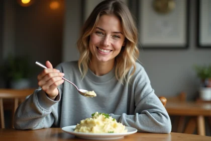 Femme souriante mangeant de la pur&eacute;e dans un cadre cosy