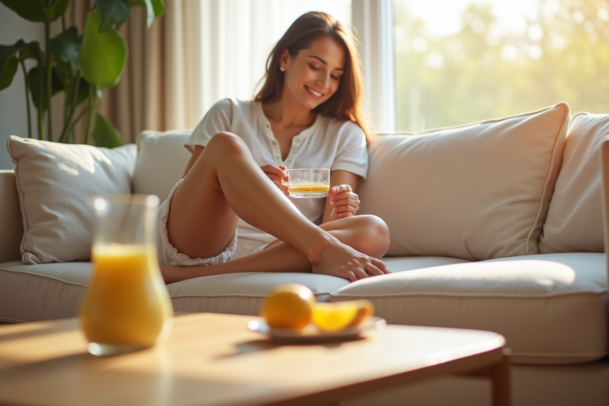 Femme assise sur un canapé avec eau minérale et agrumes