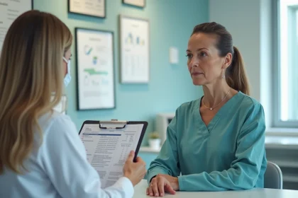 Femme d'&acirc;ge moyen en consultation m&eacute;dicale calme et concentr&eacute;e