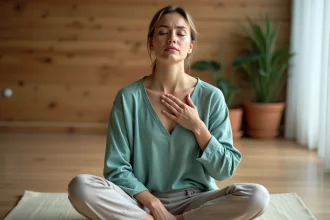 Femme en position méditative touchant son chakra gorge dans un studio de yoga minimaliste