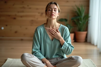 Femme en position méditative touchant son chakra gorge dans un studio de yoga minimaliste