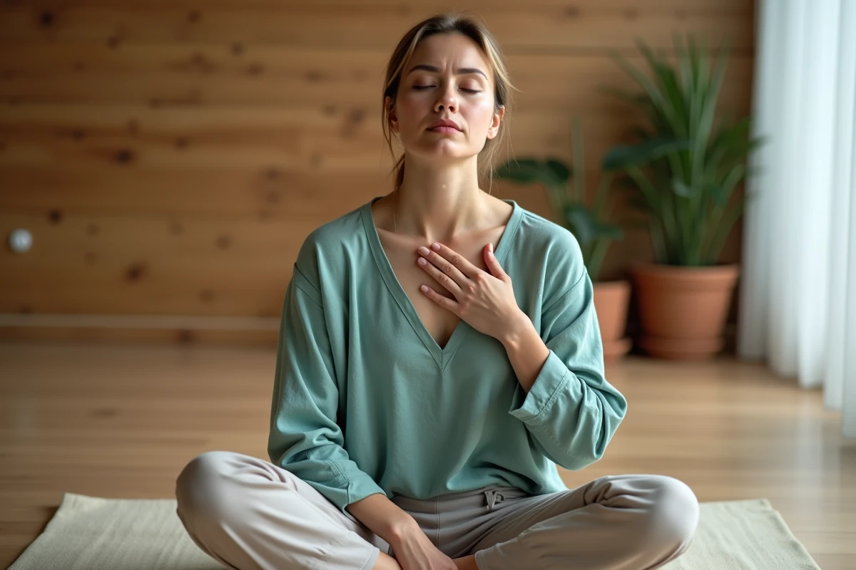 Femme en position méditative touchant son chakra gorge dans un studio de yoga minimaliste