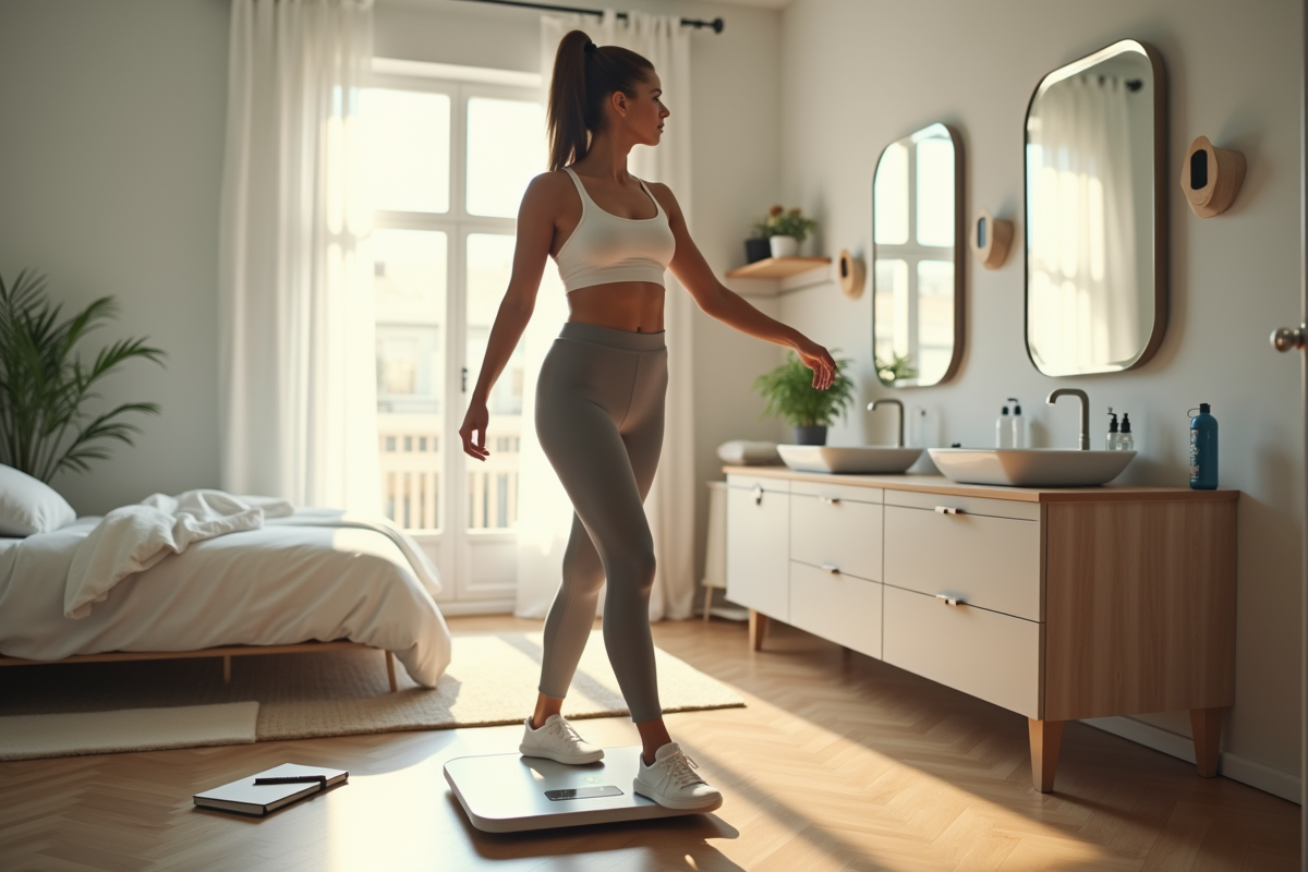Femme en sport se pesant dans une chambre lumineuse