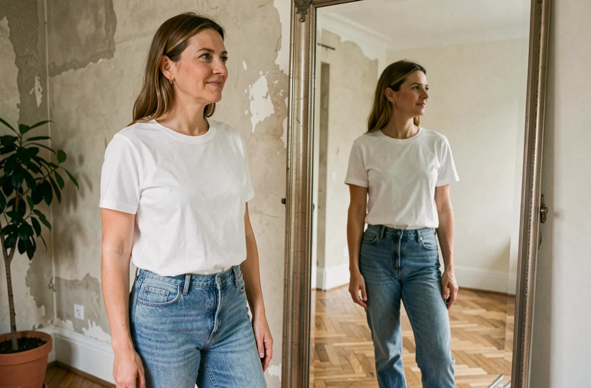 Femme française d'âge moyen se regardant dans un miroir en pied avec confiance, illustrant l'acceptation corporelle