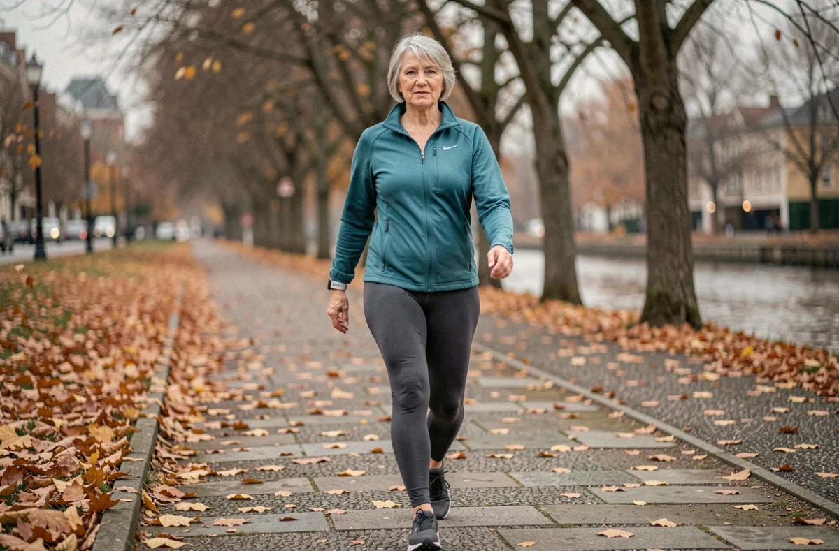 Femme senior avec pacemaker pratiquant la marche sportive dans un parc en automne