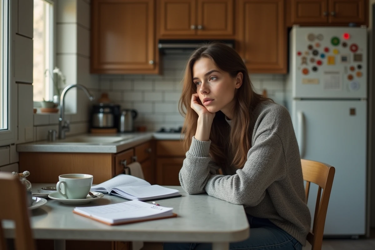 Jeune femme pensive assise &agrave; la table de cuisine avec calendrier