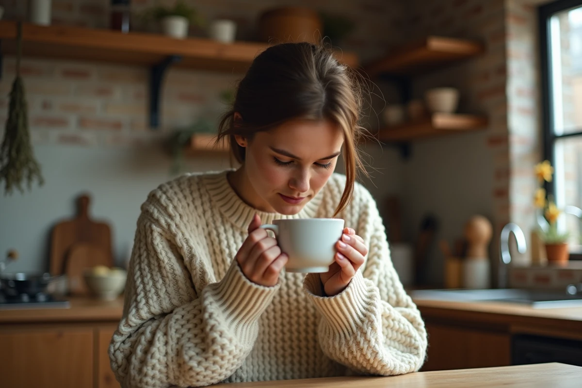 Jeune femme pensive tenant une tasse près de la gorge, évoquant les symptômes d'un chakra gorge bloqué