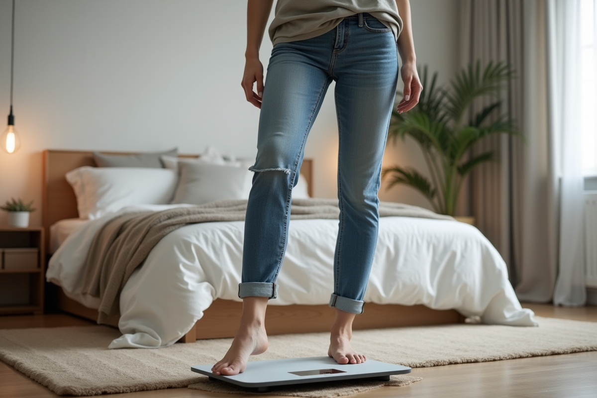 Femme souriante se pesant dans une chambre moderne